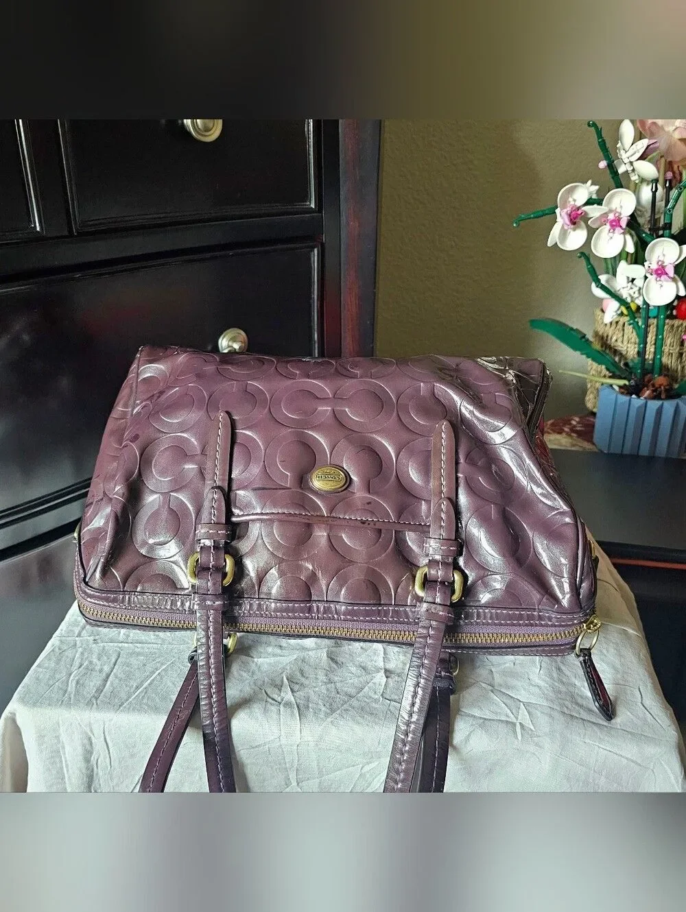 Coach Patent Leather Tote Bag in Dark Brown